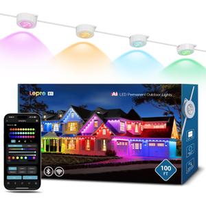 Lepro E1 AI Permanent Outdoor Lights APP Control, 100ft Smart RGB+IC Christmas House Lights with 60 Warm/Cool White LED Pucks, Alexa Google Enabled, AI Generated Lighting LLM, NO Remote, 2.4 GHz WiFi