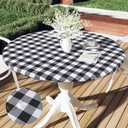 Smiry Round Picnic Tablecloth, Elastic Waterproof Fitted Vinyl Tablecloths for 18"-24" Tables, Flannel Backed Buffalo Plaid Table Cover for Dining, Camping, Outdoor, Black and White