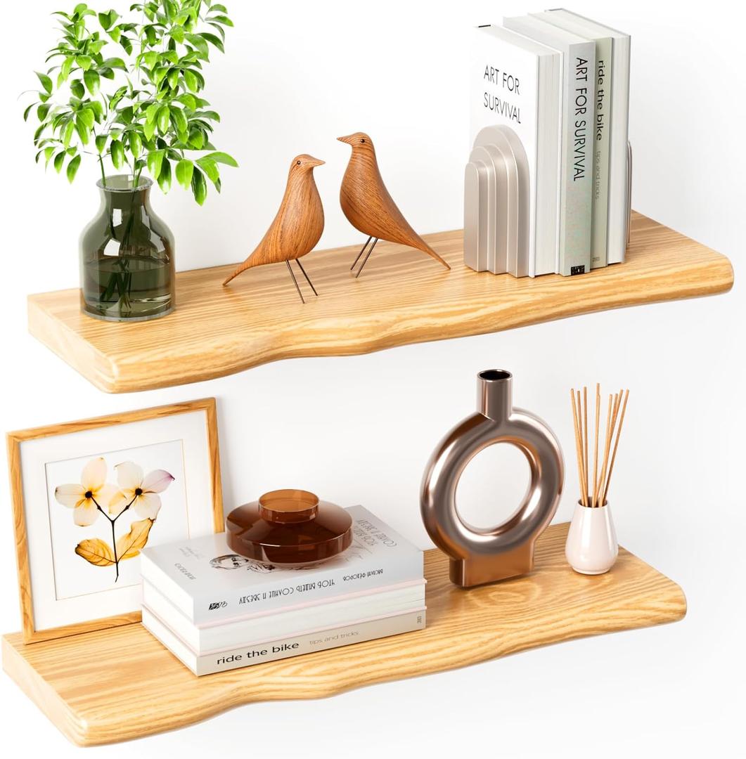 Floating Shelves for Wall 24 Inch Wooden Floating Shelves Live Edge Shelf with Unique Natural Grain Wall Mounted Rustic Pine Wood Shelf for Living Room Bedroom Kitchen Bathroom (Natural)