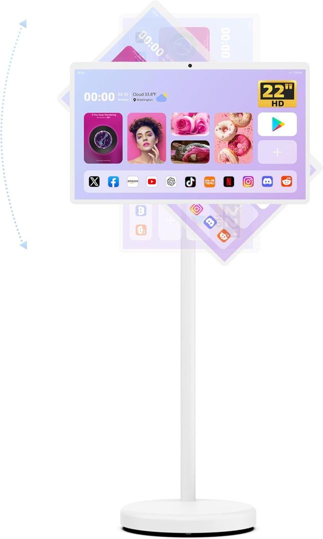 22 Inch Portable Smart Screen On Wheels, 1080P Touchscreen Display, Rolling TV with 13MP HD Build-in Camera, Android 12 OS,10W Stereo Speakers, Built-in Battery(6-8H),Remote Control, 6+128GB Storage