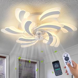 Yfrest Modern Ceiling Fan with Light and Remote, Low Profile Ceiling Fans with Lights, 31 Inch Flush Mount Ceiling Fan with 3 Light Color 6 Speeds, Fandelier Ceiling Fans for Living Room, Dining Room