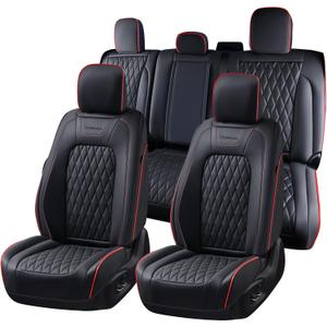Coverado Leather Seat Covers Full Set for Ford F150F250F350F450(2015-2026)Waterproof Automotive Cushion Covers for Pick-Up Trucks Custom Fit for F150 SuperCrew&F250–F450 Super Duty Crew Cab(Red Line)