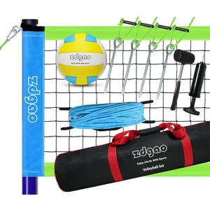 Outdoor Portable Volleyball Net System - Adjustable Height Poles with Soft Volleyball Ball, Pump, Hammer, Boundary Line, and Carry Bag for Backyard, Beach, Lawn (32FT Blue Green)