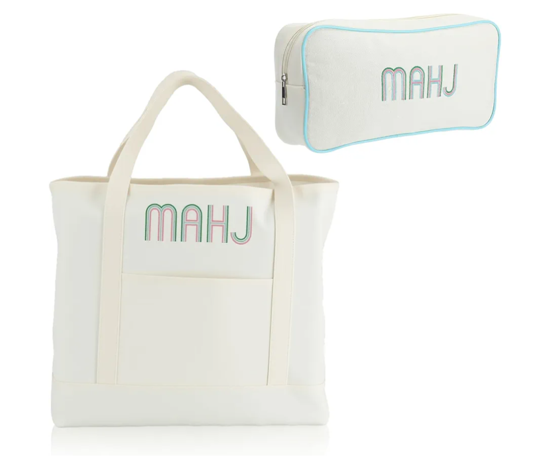 2 Pcs Embroidered Mahjong Canvas Tote (Large & Extra Large) Empty Tiles Tote Embroidered Tile Bag for Mahjong Lover Accessories Overnight