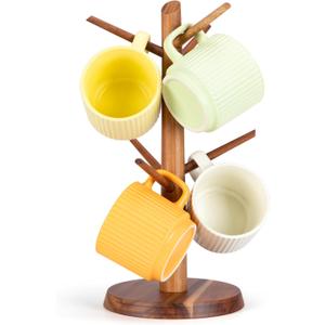 Acacia Wood Mug Holder Tree, 6 Hooks Wooden Mug Organizer for Kitchen Counter & Coffee Bar, Easy to Assemble, Natural Wood Color, Ideal for Small to Medium Mugs
