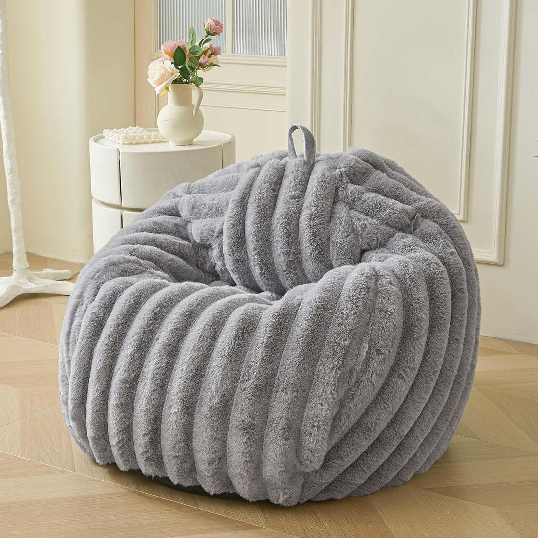 MEGO Kids Fluffy Faux Rabbit Fur Bean Bag Chair Cover(No Filler), Cozy Shaggy Wide Striped Stuffed Animal Storage Bean Bag for Plush Toys, Fuzzy Ribbed Beanbag Cover Kids Girls Teens Adult, Light Grey, Small(28"x28"x32")