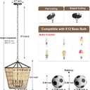 Modern Farmhouse Chandelier Light Fixtures, 4-Light Rattan Pendant Lighting with Bulbs, Boho Black Metal Geometry Chandeliers for Dining Room, Kitchen Island, Entryway Foyer