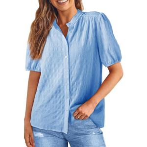 EVALESS Womens Button Down Shirts Cute Short Puff Sleeve V Neck Tops Spring Summer Blouses for Women Dressy Casual, Size: XL