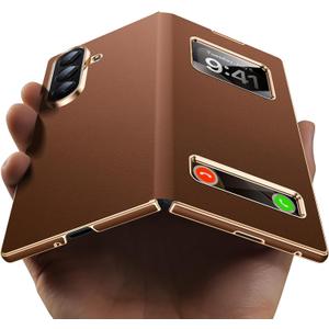 Magnetic for Samsung Galaxy Z Fold 7 Case Luxury Leather See Calls & Time Without Opening [Fit for MagSafe] Phone Cover Zfold 7 Case with Smart Screen View Window Brown