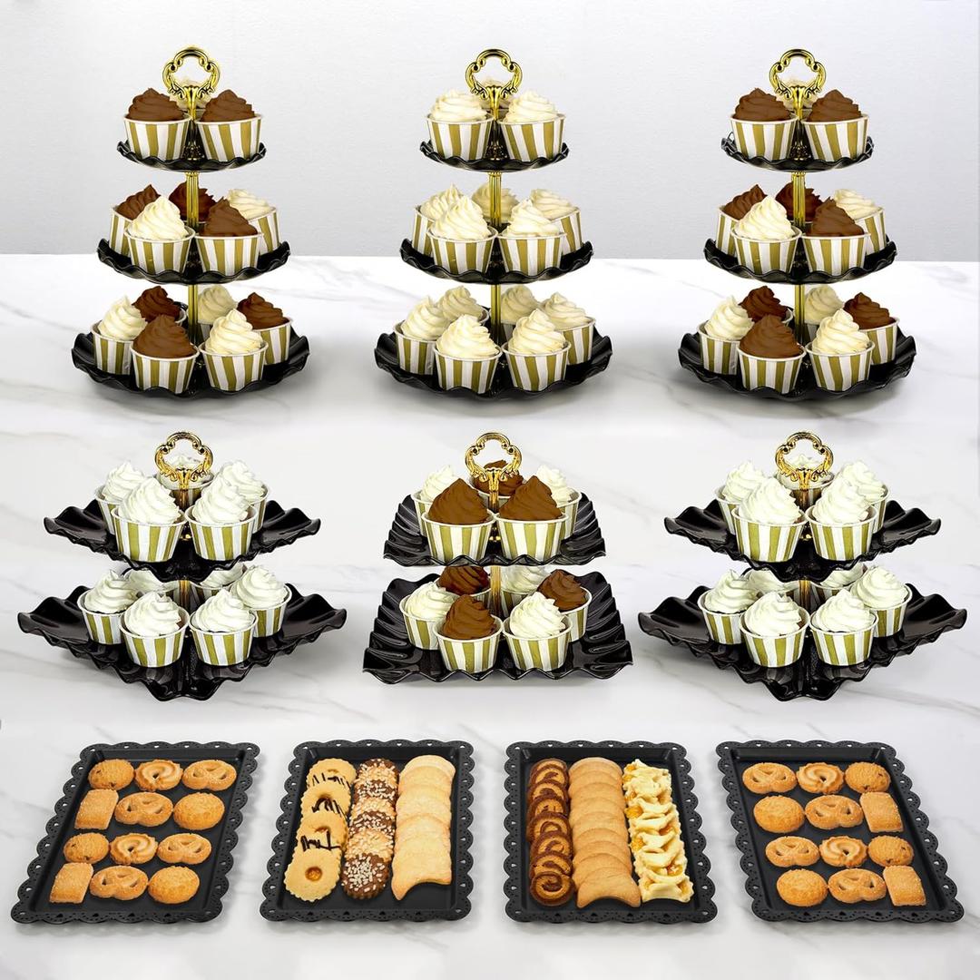 Pack of 10 NWK Cake Stand Set, with 3 x Two-Tier and 3 x Three-Tier Cupcake Stands, 4 x Appetizer Trays Perfect for Birthday Baby Bridal Shower Party (Black)