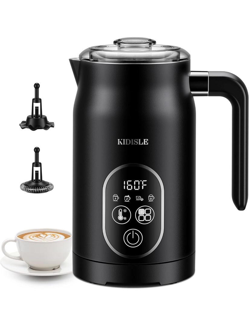 Electric Milk Frother, 4 In 1 Milk Frother and Steamer With Temperature Control, Automatic Warm and Cold Foam Maker for Coffee, Latte, Hot Chocolate, Cappuccinos, Macchiato, Black
