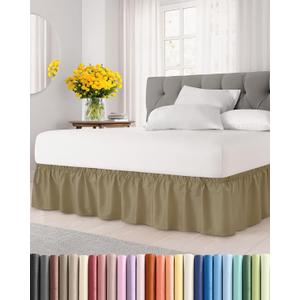 Wrap Around Dust Ruffle Bed Skirt - Khaki - for King Size Beds w/ 21 Inch Drop - Easy Fit Elastic Strap - Adjustable Pleated Bedskirt w/Brushed Fabric - Wrinkle & Fade Free - Women, Men, Kids & Teens