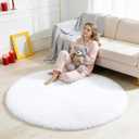 OLANLY White Round Rugs for Bedroom - Machine Washable, 4 ft Circle Area Rugs for Living Room, Soft and Fluffy Shaggy Carpet for Teen Girls and Boys, Nursery Rooms, Dorms, Home Decor Aesthetic