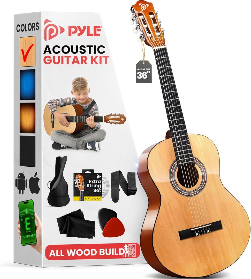 Pyle Beginner Acoustic Guitar Kit, 3/4 Junior Size All Wood Instrument for Kids, Adults, 36" Natural Wood Gloss
