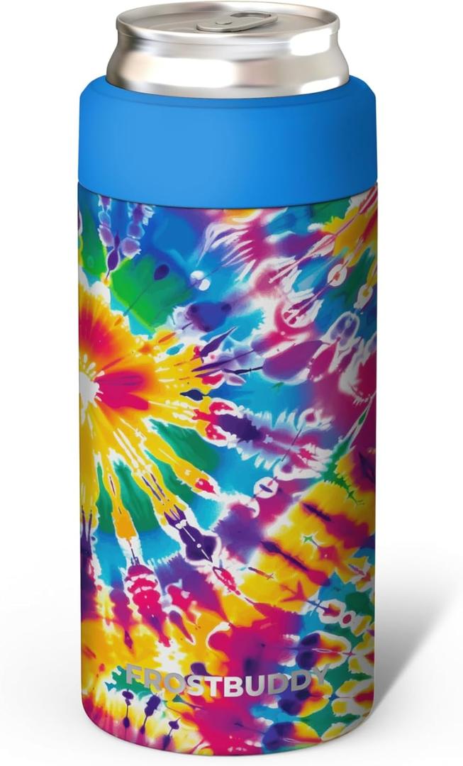 Frost Buddy Universal Mini Can Cooler  Fits 12oz Slim & 7.5oz Mini Cans  Vacuum Insulated Stainless Steel  Keeps Beverages Cold or Hot  Compact, Travel & Cup Holder Friendly (Hippie Haze)