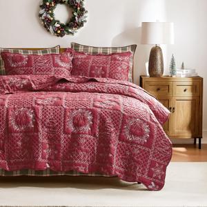 WDCOZY Christmas Twin Size Quilt Bedding Sets with 1 Sham, Red Patchwork Soft Lightweight Xmas Bedspread Coverlet with Tree Reindeer Snowflakes Pattern, Holiday Thin Comforter All Season, 2 Pieces, Twin (68"x90")