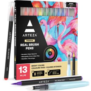 ARTEZA Real Brush Pens, Set of 12, Bright Tones, Blendable Watercolor Markers and 1 Water Brush, Art Supplies for School, Home, and Office