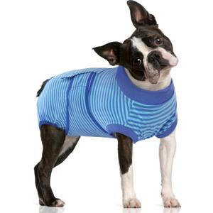 FUAMEY Recovery Suit for Dogs After Surgery,Soft Breathable Dog Bodysuit E-Collar & Cone Alternative Surgical Suit,Male Female Dog Neuter Spay Suits Anti Licking Wounds Onesie Navy Blue Strips M (M (Back:13.4-16.1'', Weight:14-25 LB))