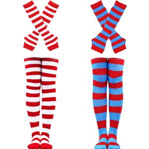 2 Sets Striped Socks and Gloves Over Knee Thigh High Stockings for Halloween Women Thing 1 Thing 2 Cosplay Costume, 24in Long