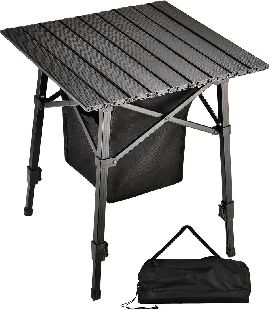 Aluminum Camping Side Table, Compact Folding Outdoor Portable Beach Small Camp Table with Carry Bag and Storage, Picnic, Hiking, Fishing, Grill (Black)
