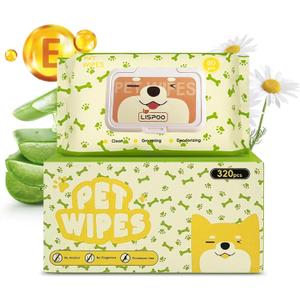 Pet Wipes -Cleaning and Grooming for All Pets, Alcohol-Free Portable Pack, Gentle for Face, Body, Paws and Butt-Thick Nonwoven Fabric-320 Count