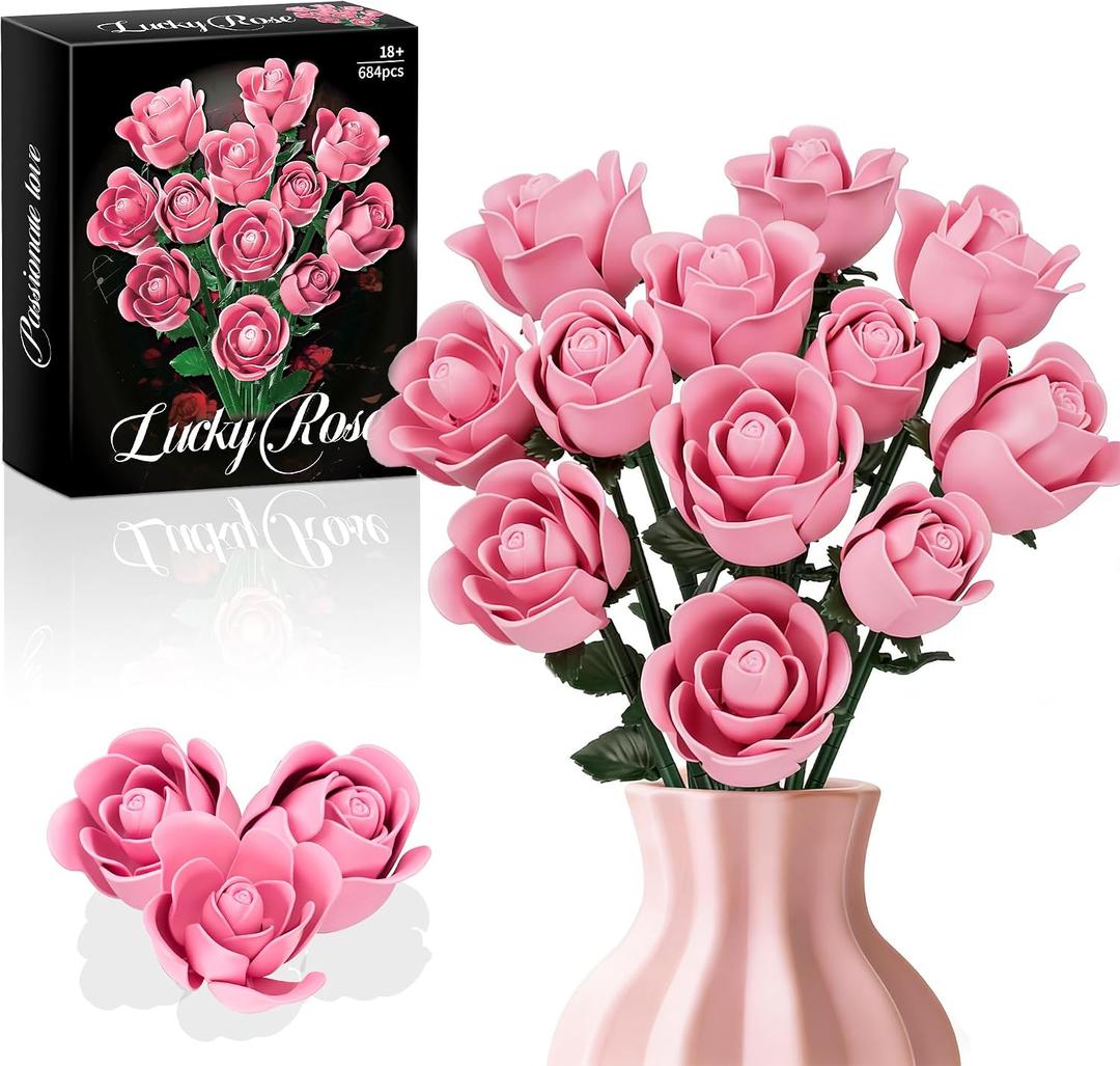 Pink Rose Building Flower Bouquet Set for Adults, Compatible with Lego Flowers, Artificial Plant Home Decor, Creative DIY Building Toys, Romantic Gifts for Mother's Day Her Birthday Valentine's Day