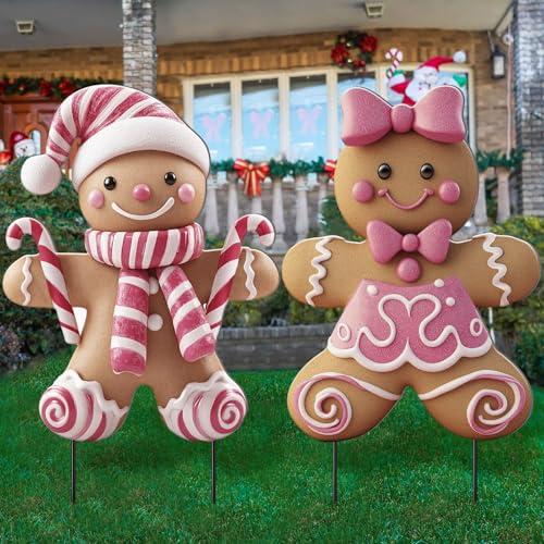 Memorywuu 2 Pack Christmas Yard Stakes Metal Stakes 3D Boy and Girl Yard Sign Christmas Outdoor Decorations for Outside Holiday Xmas Winter Ornament Lawn Pathway(Pink Gingerbread Man Couple)