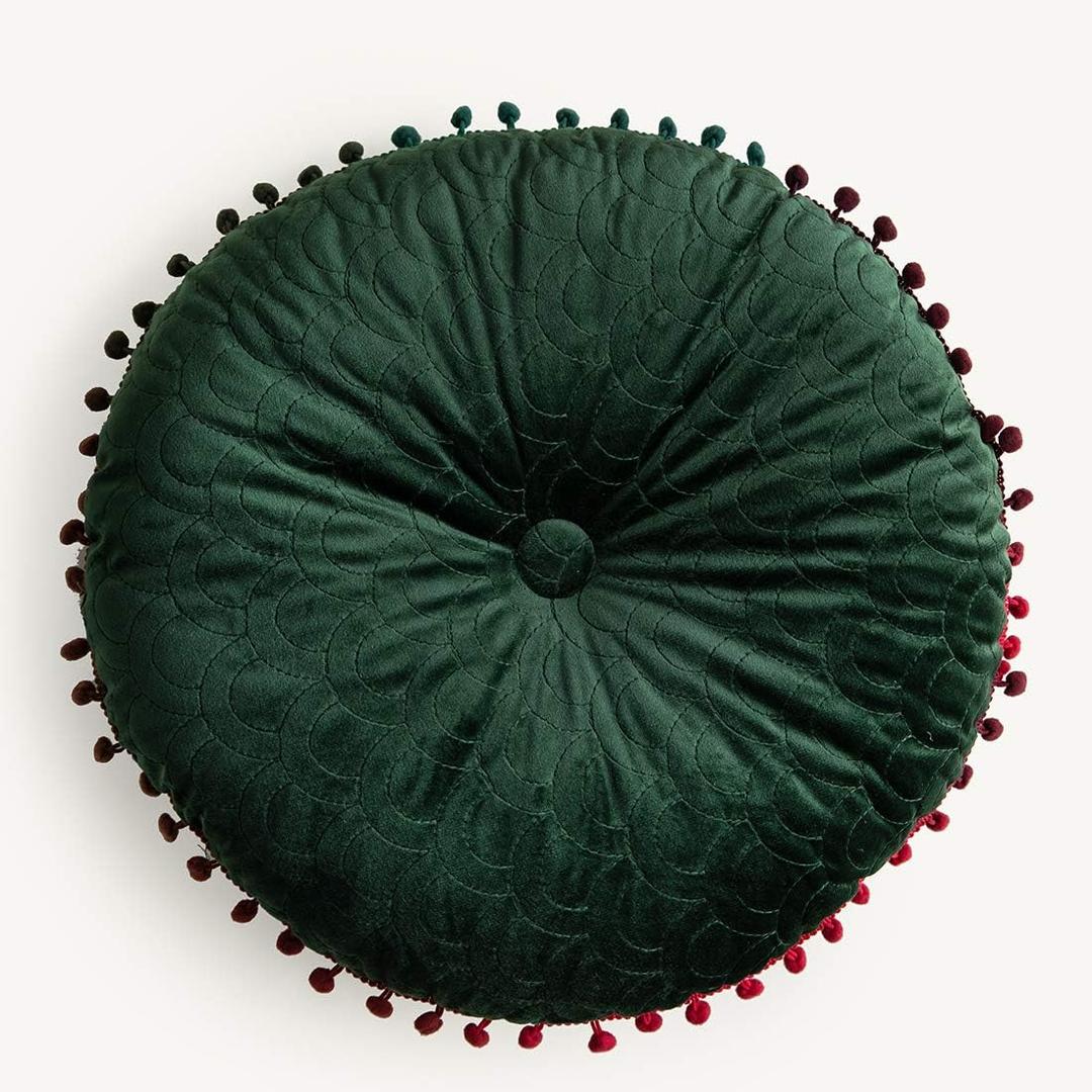 vctops Velvet Soft Round Chair Pads Cute Gradient Pom Pom Indoor Dining Chairs Cushion (Dark Green, Diameter 16")
