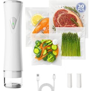 Compact Vacuum Sealer for Food, Handheld Saver Vacuum Sealer Machine with 30 Reusable Bags for Preservation & Fresh White