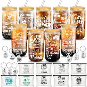 Maxcheck 27 Pcs Nursing Appreciation Gift Set Nurse week Gift 9 Pcs 16oz RN Glass Cups with Lid Straw 9 Rainbow Makeup Bag 9 Keychain for RN Student Graduation Supplies(Nursing)