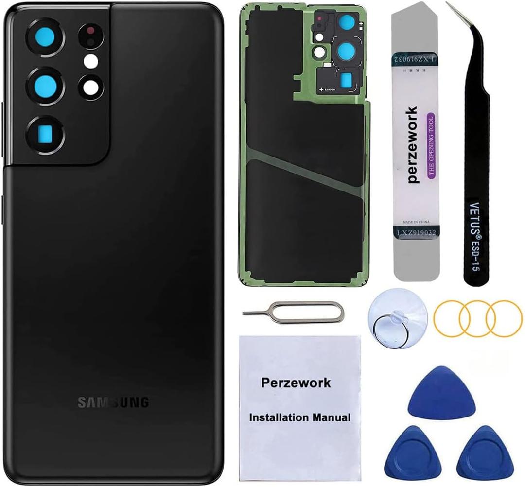 Rear Back Glass Replacement for Samsung Galaxy S21 Ultra 5G with Pre-Installed Adhesive and Repair Tool Kits (Phantom Black)