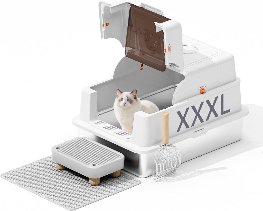 Stainless Steel Litter Box with Lid, 28" Extra Large Cat Litter Pan, Enclosed Metal Litter Box with Litter Scoop & Filter Pedal, Anti-Leakage, Odor Free, Non-Sticky, Anti-Leakage, Easy Cleaning