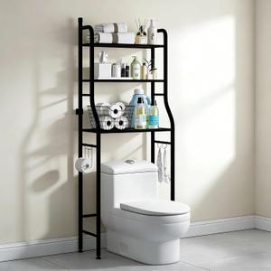 3-Tier Over the Toilet Storage Shelf with Adjustable Foot Pads, Anti-Tilt Metal Bathroom Organizer with Paper Holder & 4 Hooks, No Drill Space Saving Toilet Rack, Black
