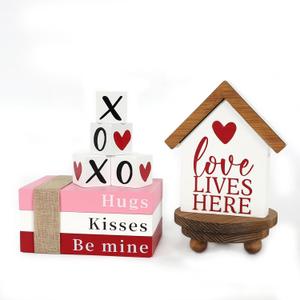 DAZONGE Valentine Wood Book Stack with XOXO Blocks for Table Shelf Tiered Tray Decor, Freestanding Valentine Decor
