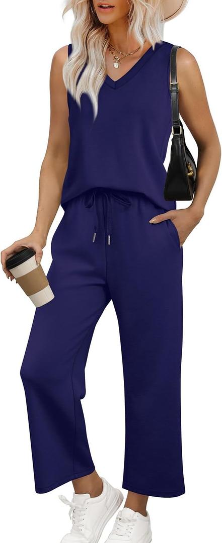 WIHOLL Two Piece Set for Women Summer Outfits Vacation Trendy Lounge Sets V Neck Matching Sets (Blue, S)