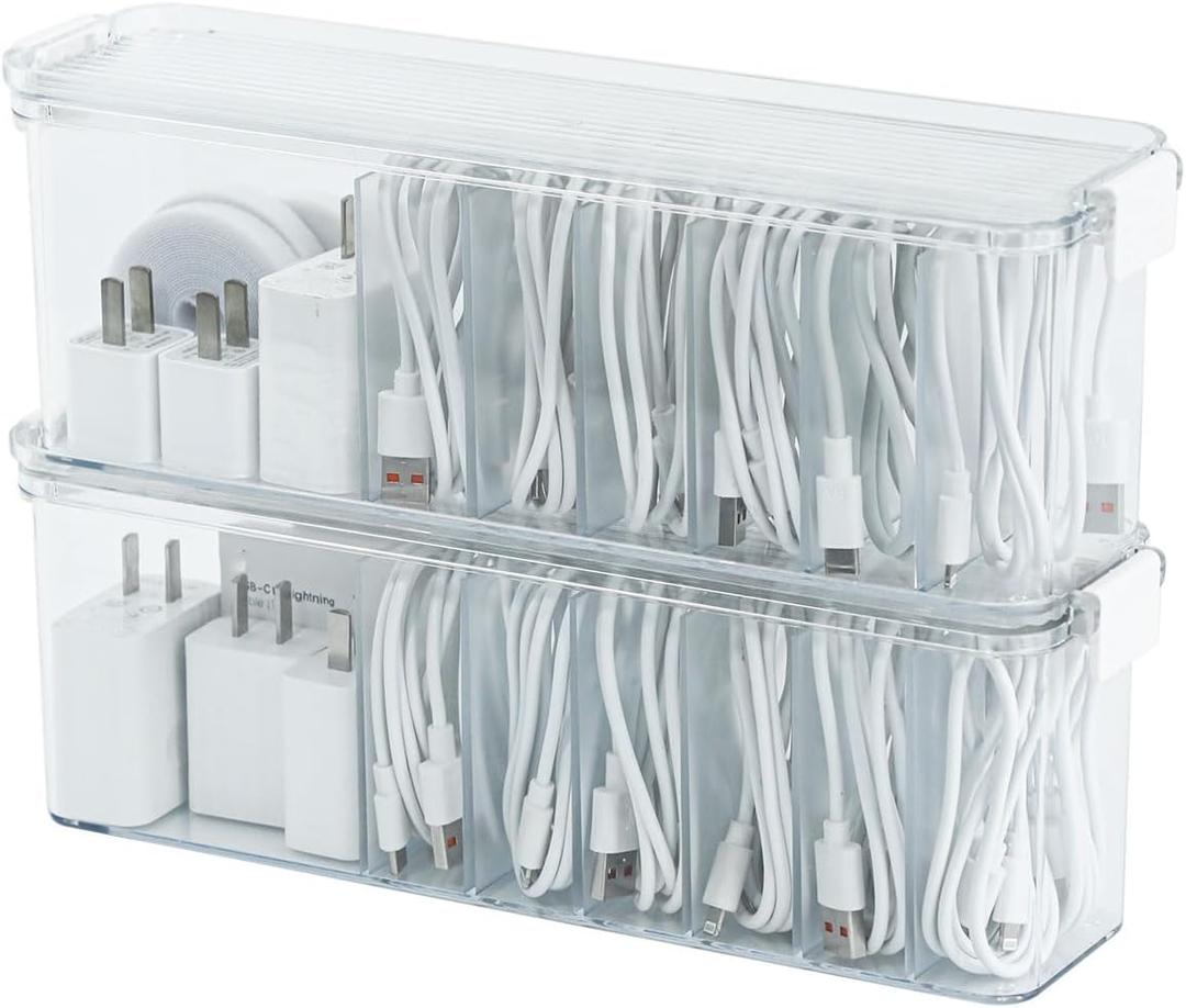 Yesesion 2 Pack Cord Organizer Box with Lid, Clear Desk Drawer Accessories Storage Case for Home Office Supplies, Art Crafts, Phone Charger, USB Cables, Marker Pen, Pencil Holder