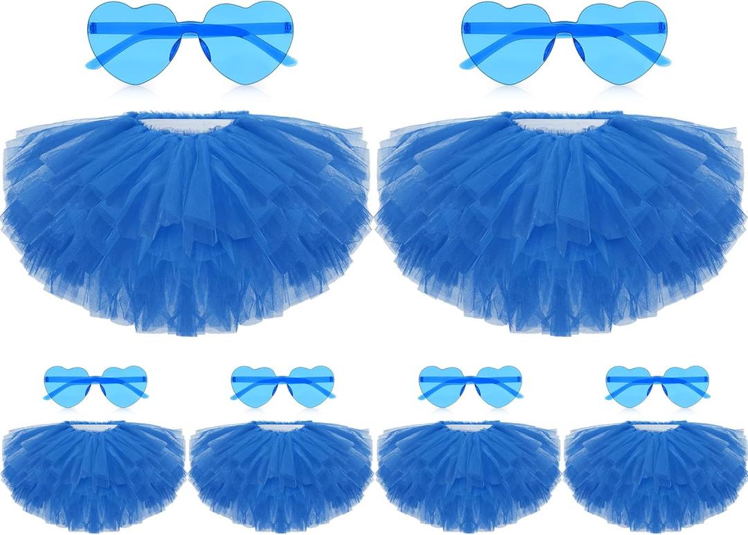 6 Set Tutu Skirt and Heart Shaped Sunglasses Tulle Ballet 5 Layered Tutus for Women 80s Party Dance Costume (Blue)