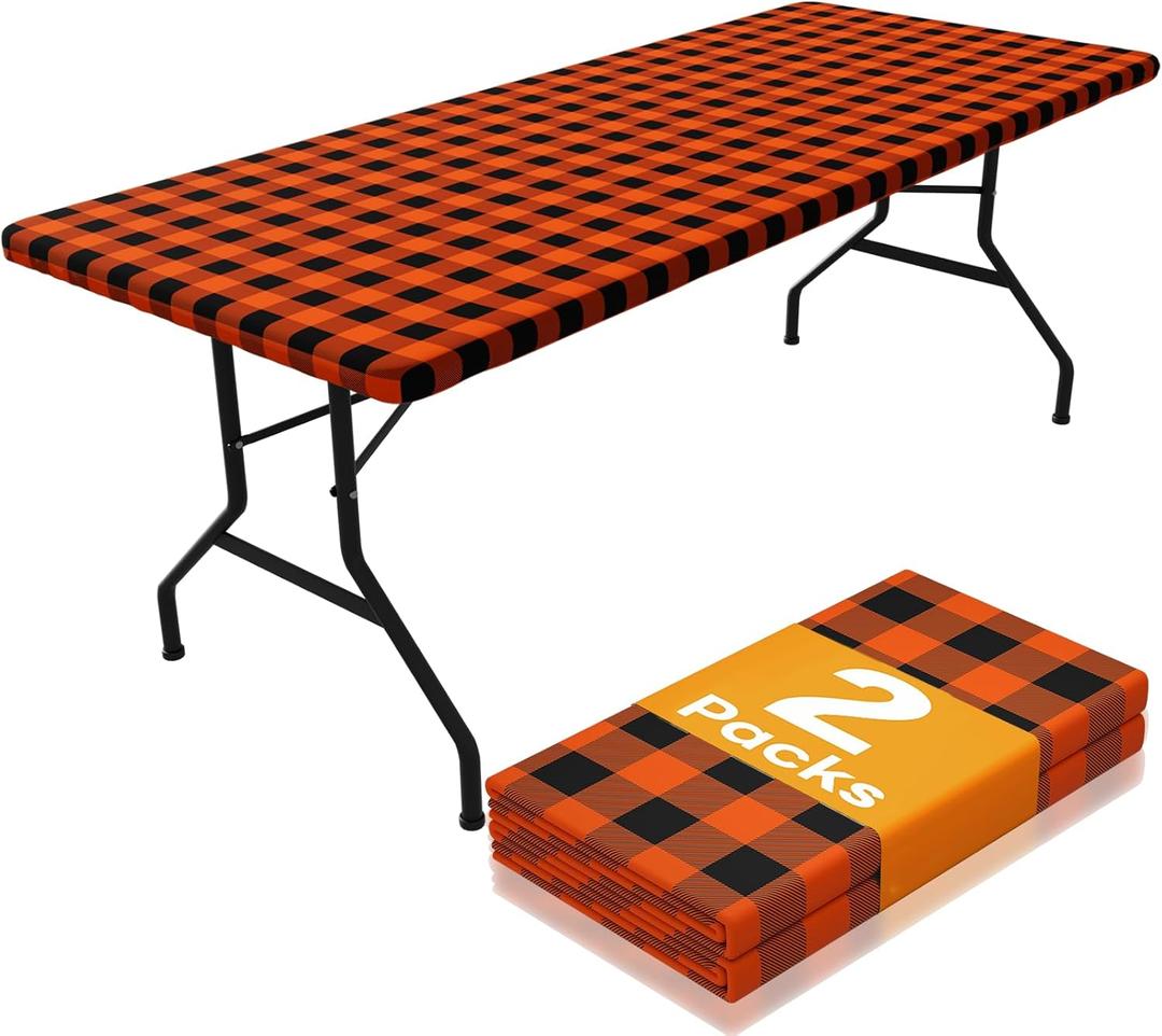 Smiry Picnic Table Cloth 2 Pack, Waterproof Elastic Fitted Tablecloths for 6FT Rectangle Tables, Washable Polyester Buffalo Plaid Tablecloth for Camping, Dining & Outdoor (Black & Orange, 30" x 72")