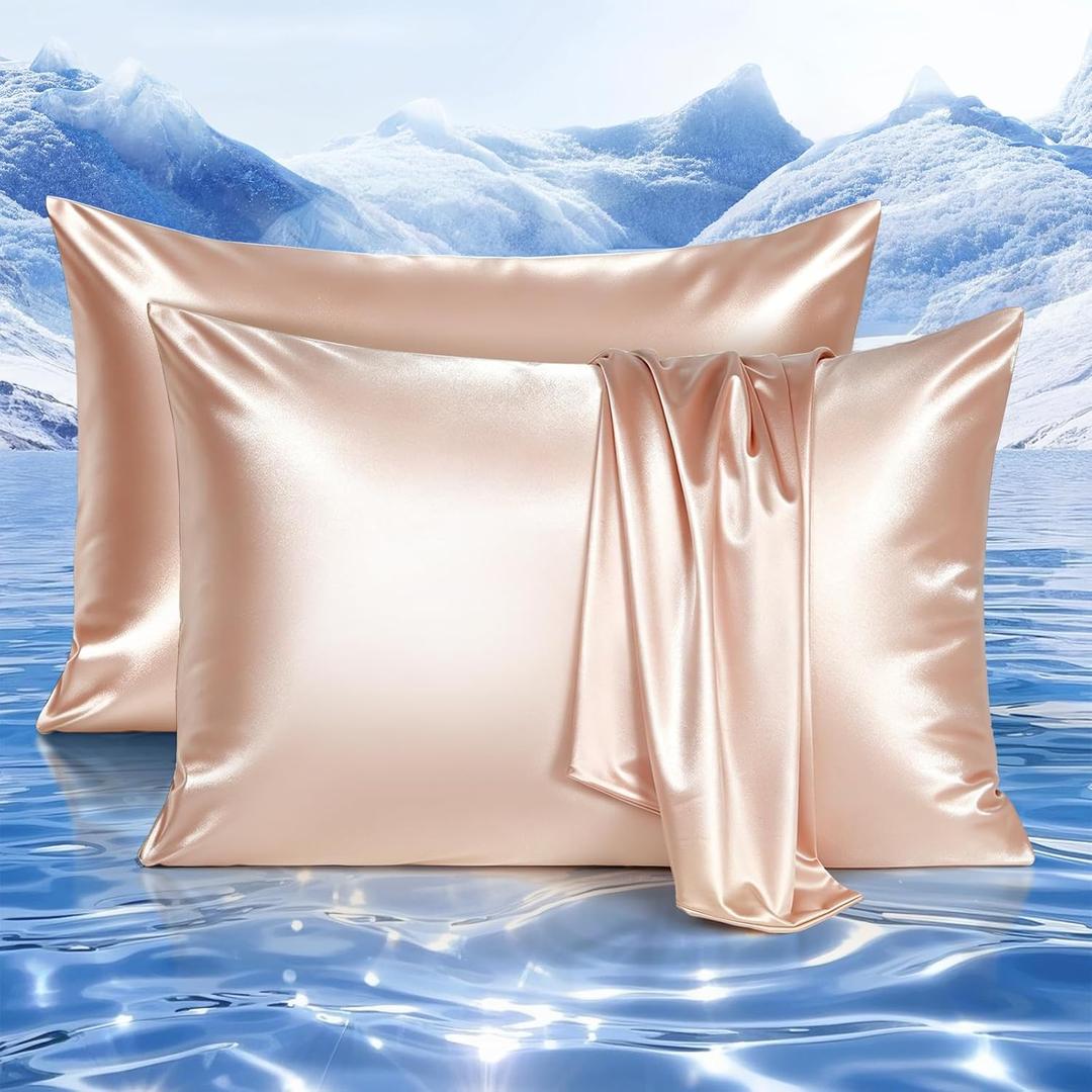 Elegear Cooling Pillow Cases Set of 2 for Hot Sleepers, Softer Than Silk Pillow Cases for Hair & Skin,Upgraded Arc-Chill Cooling Satin Pillowcases Q-max>0.5, Luxury Zipper Pillowcase-Queen,Champagne