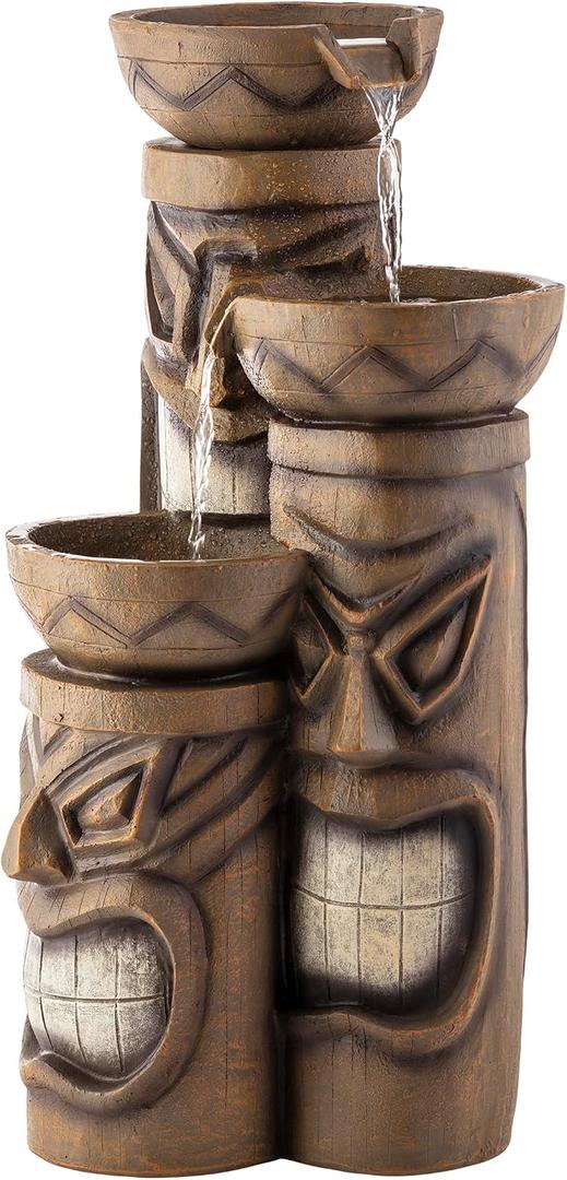 Alpine Corporation 29"H Outdoor 3-Tiered Tiki Head Bowl Waterfall Floor Fountain with Cool White LED Lights, Brown