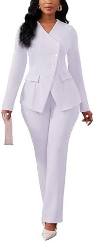 Pant Suits for Women Dressy Long Sleeve Blazer Jackets and High Waisted Wide Leg Pants Sets 2 Piece Work Outfit 2025, L/XL, White
