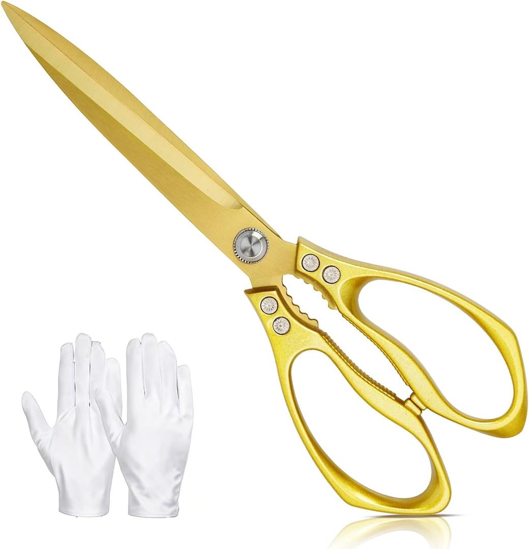 Large Ribbon Cutting Scissors,Heavy duty gold stainless steel scissors,With scissors and a pair of white gloves,Suitable for Ribbon-Cutting,Office,Home,and Crafts, Right/Left Handed (10.83 inches)