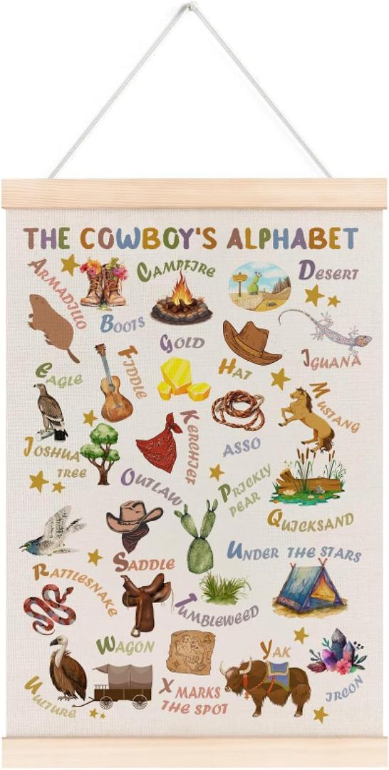 laveliabel Western Cowboy Alphabet Poster Hanger Frame, Western Cowboy Nursery Banner Poster with Wood Hanger, West Alphabet Educational Wall Art Decor for Kids Toddler Baby Boy Room, 12x16in