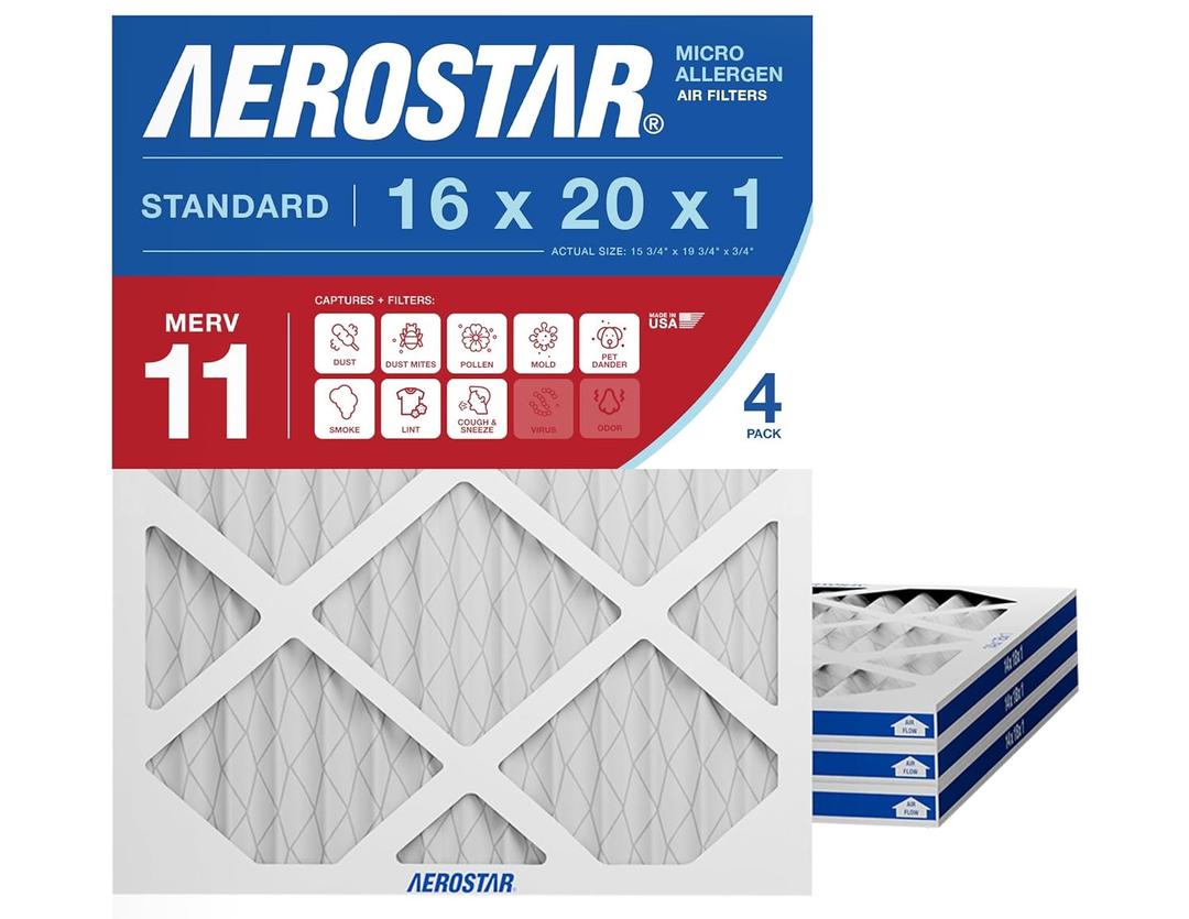 Aerostar 16x20x1 MERV 11 - 4 Count - Pleated HVAC, Furnace & Air Conditioner Filters - Removes Dust, Cold & Flu Germs, Lint, Mold, Pet Dander, Allergy-Causing Pollen, Smog & Smoke