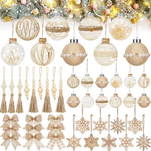 51 Pcs Rustic Boho Christmas Ball Ornaments Set Bulk 2.36 Inch Champagne Balls Neutral Christmas Tree Hanging Decorations Wooden Christmas Ornaments Farmhouse Xmas Home Decor for Party Xmas Decor