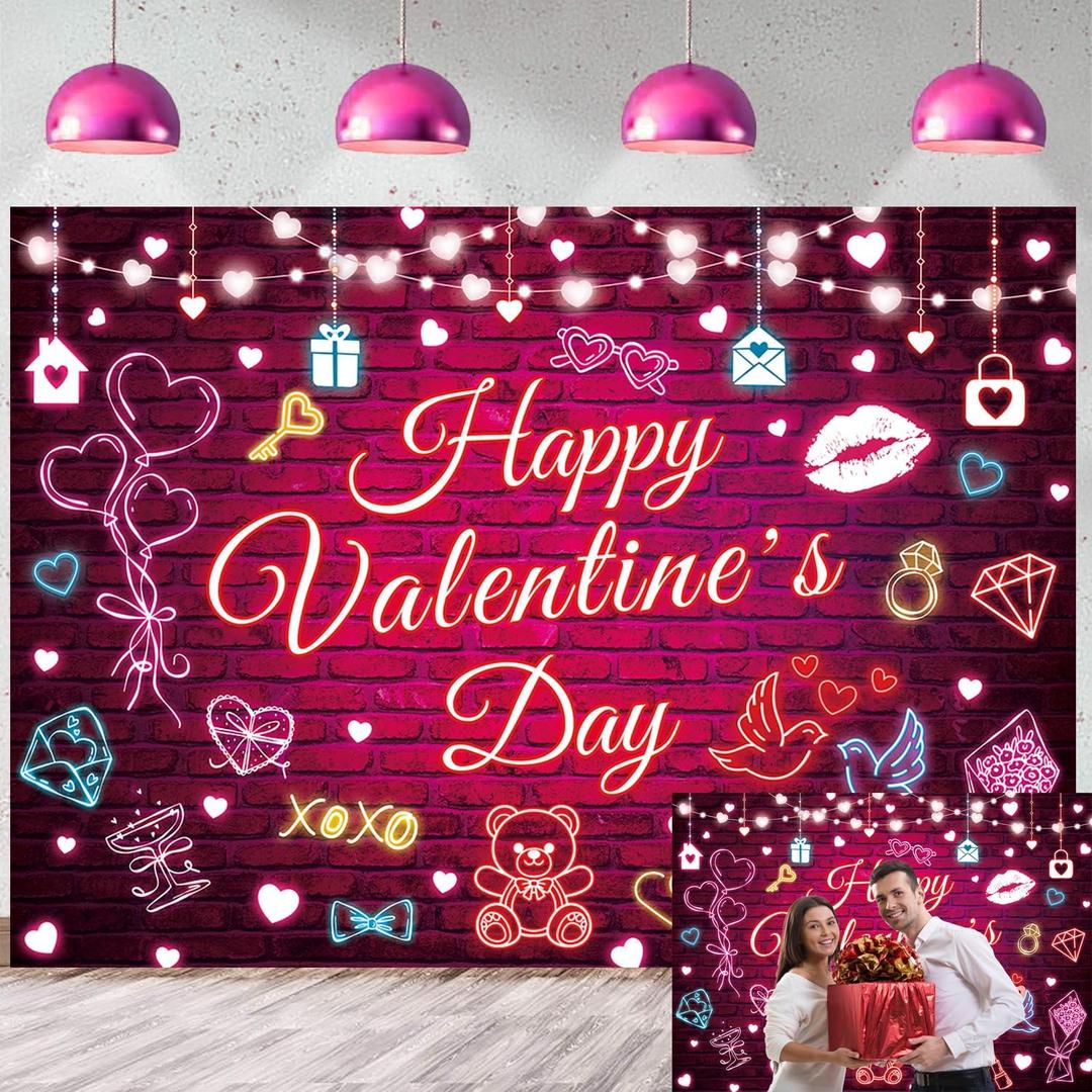 Happy Valentine's Day Backdrop 7x5FT Pink Neon Valentine's Day Photography Background Red Brick Wall Banner Valentines Party Decoration Supplies Photo Props