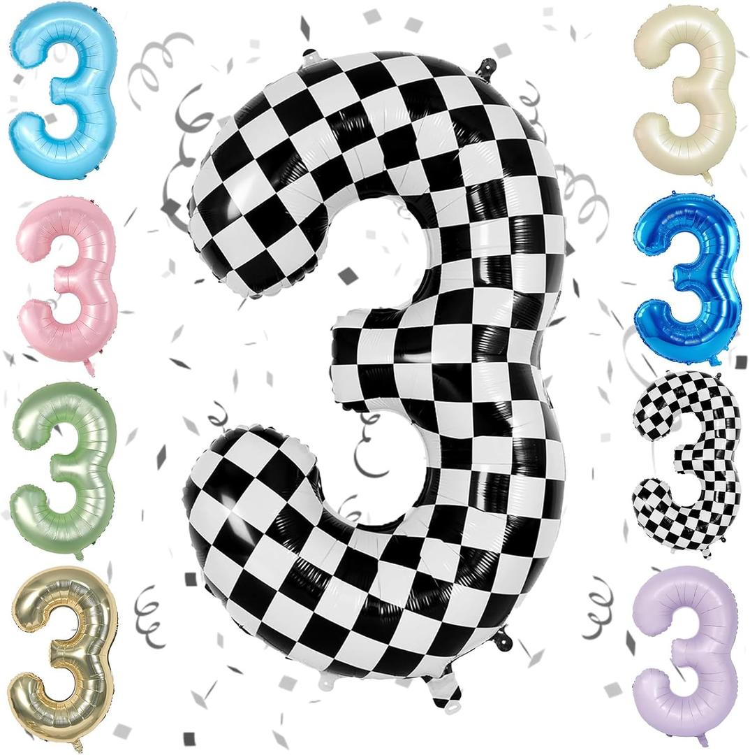 Checkered 40 Inch Number 3 Balloon,Large Self Inflating Black and White Foil Number Balloons 0-9 for Boys Girls,Digit Racing Balloons for 3rd Birthday Party Decorations Supplies