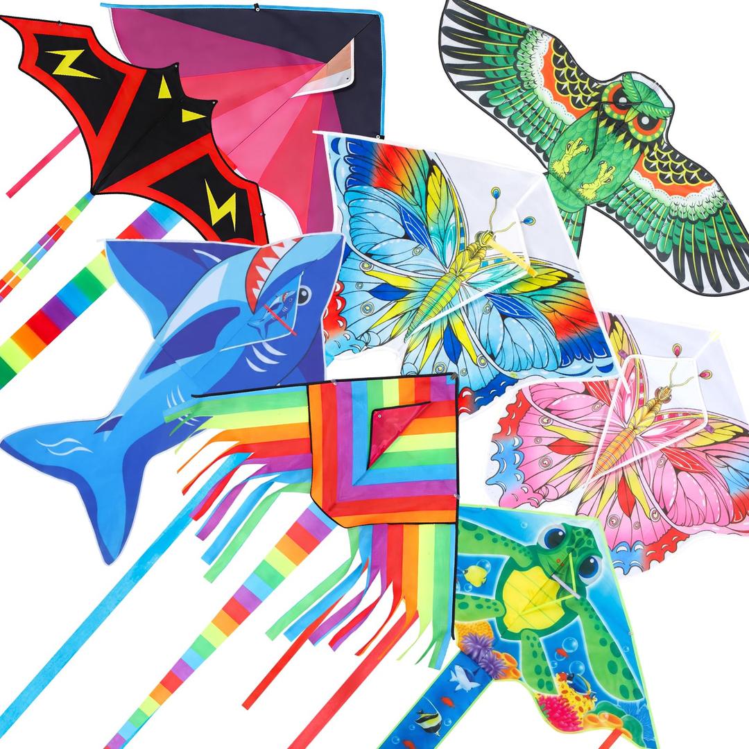 Arrowbash 8 Pack Kites for Kids Large Butterfly Sea Turtle Eagle Unicorn Dolphin Bat Delta Flying Long Kite with 8 Pcs 328 ft Strings for Outdoor Game
