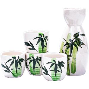 Japanese Ceramic Sake Set of 5,Bamboo Pattern Sake Pot and Sake Cup