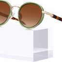 CARFIA Acetate-Metal Frame Round Sunglasses for Women Polarized UV Protection Stylish Designer Eyewear CA1951 (1.translucent Green Frame + Gradual Brown Lens)